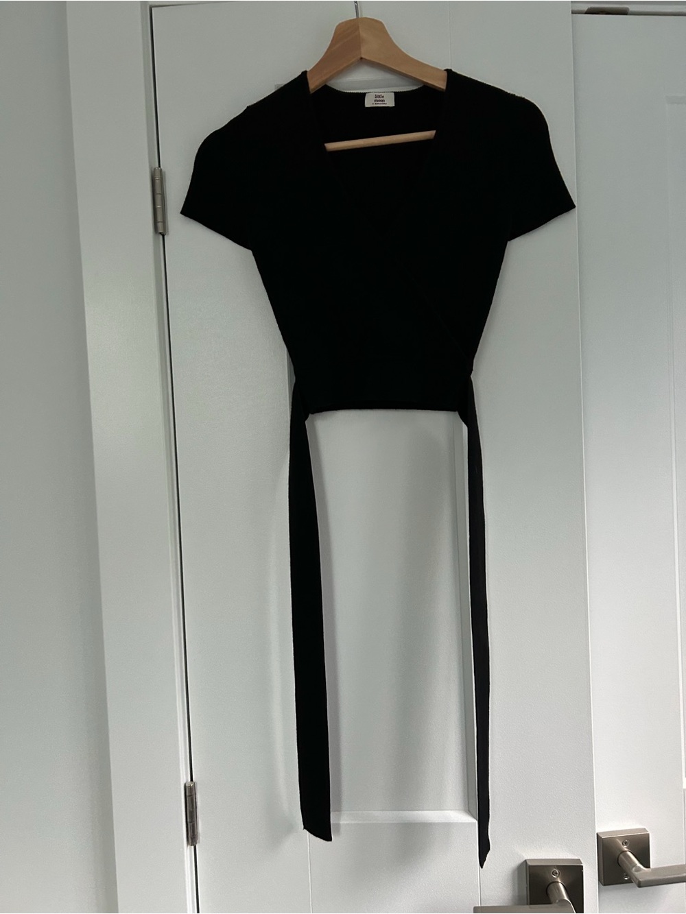 Little Moon Black Wrap Crop Sweater Top with Long Ties